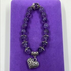 💛 Classic Purple Amethyst Beaded with Heart Charm Bracelet